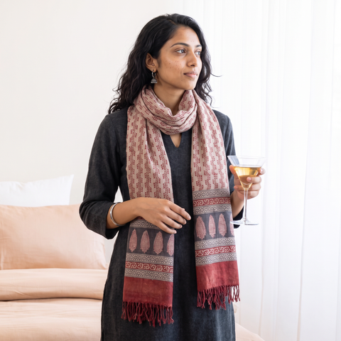 Red Handwoven Merino Wool Natural Dyed Bagh Hand Block Print Stole, worn by a woman, AI visual of the stole, iTokri