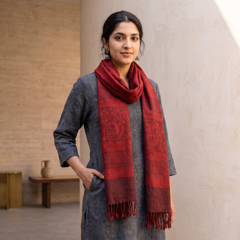 Red Handwoven Merino Wool Natural Dyed Bagh Hand Block Print Stole, worn by a woman, AI visual of the stole, iTokri