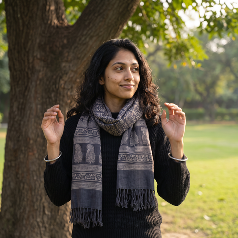 Grey Handwoven Merino Wool Natural Dyed Bagh Hand Block Print Stole, worn by a woman, AI visual of the stole, iTokri