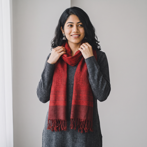 Red Handwoven Merino Wool Natural Dyed Bagh Hand Block Print Stole, worn by a woman, AI visual of the stole, iTokri