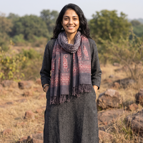 Grey Handwoven Merino Wool Natural Dyed Bagh Hand Block Print Stole, worn by a woman, AI visual of the stole, iTokri