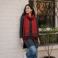 Red Handwoven Merino Wool Natural Dyed Bagh Hand Block Print Stole, worn by a woman, AI visual of the stole, iTokri