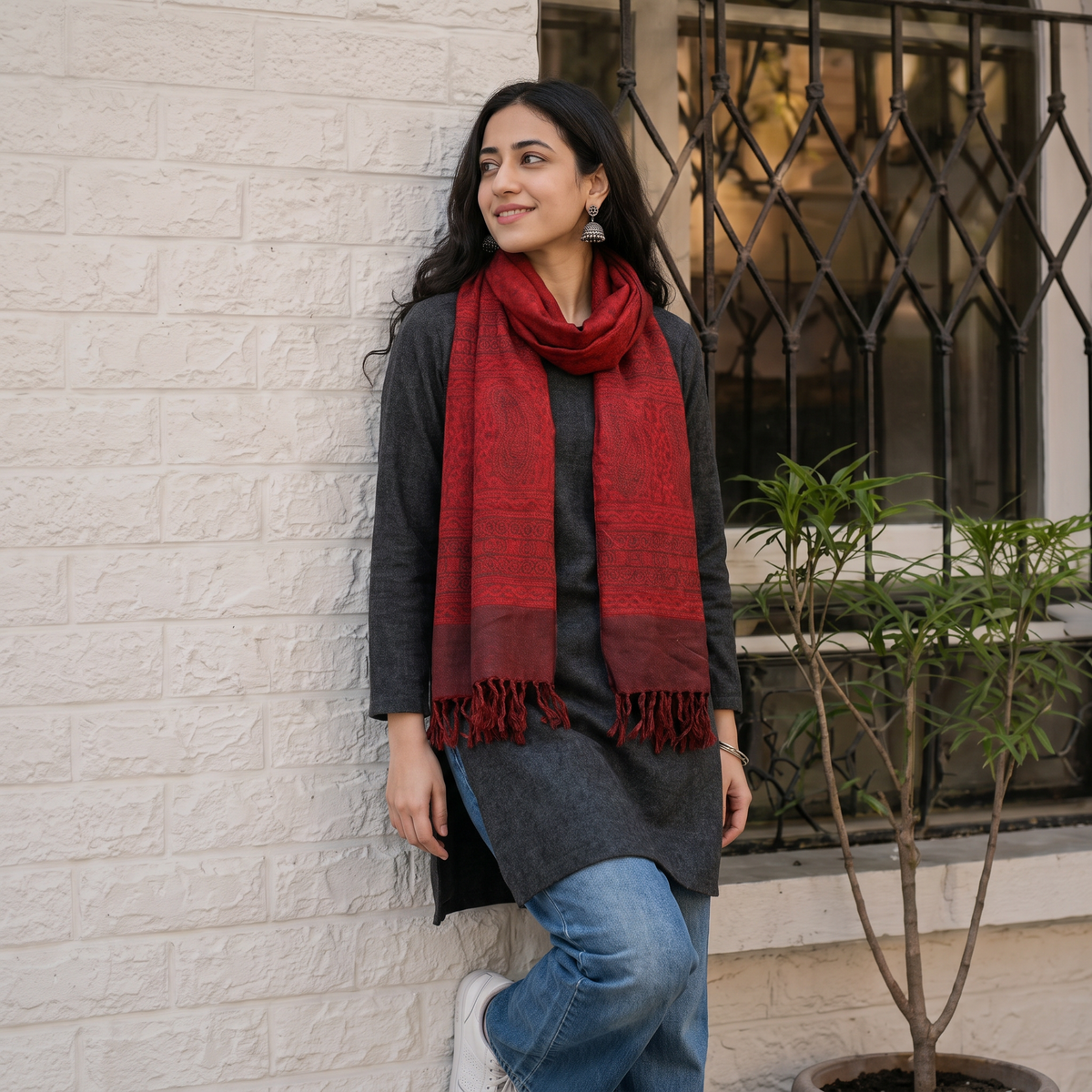 Red Handwoven Merino Wool Natural Dyed Bagh Hand Block Print Stole, worn by a woman, AI visual of the stole, iTokri