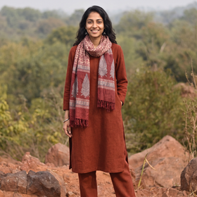 Red Handwoven Merino Wool Natural Dyed Bagh Hand Block Print Stole, worn by a woman, AI visual of the stole, iTokri