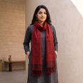 Red Handwoven Merino Wool Natural Dyed Bagh Hand Block Print Stole, worn by a woman, AI visual of the stole, iTokri