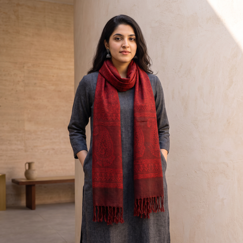 Red Handwoven Merino Wool Natural Dyed Bagh Hand Block Print Stole, worn by a woman, AI visual of the stole, iTokri