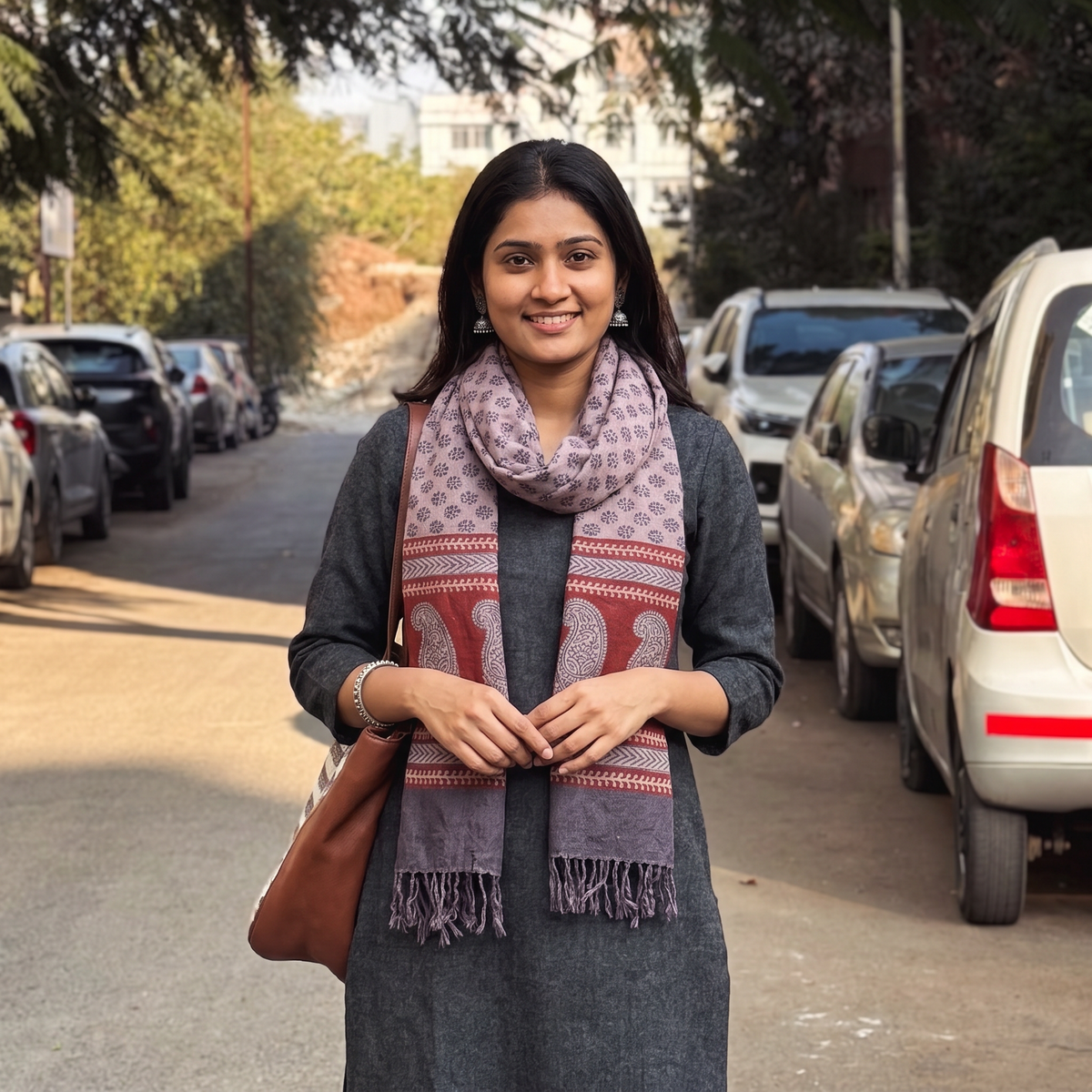 Grey Handwoven Merino Wool Natural Dyed Bagh Hand Block Print Stole, worn by a woman, AI visual of the stole, iTokri