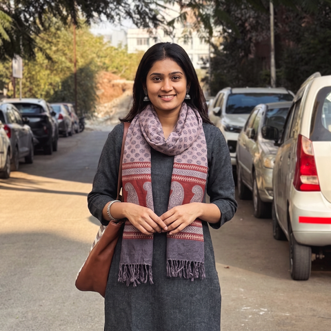 Grey Handwoven Merino Wool Natural Dyed Bagh Hand Block Print Stole, worn by a woman, AI visual of the stole, iTokri