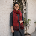 Red Handwoven Merino Wool Natural Dyed Bagh Hand Block Print Stole, worn by a woman, AI visual of the stole, iTokri