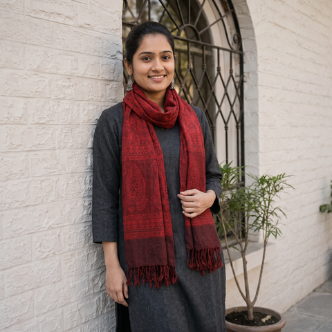 Red Handwoven Merino Wool Natural Dyed Bagh Hand Block Print Stole, worn by a woman, AI visual of the stole, iTokri
