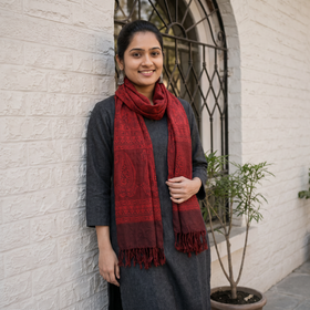 Red Handwoven Merino Wool Natural Dyed Bagh Hand Block Print Stole, worn by a woman, AI visual of the stole, iTokri
