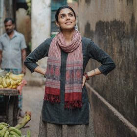 Red Handwoven Merino Wool Natural Dyed Bagh Hand Block Print Stole, worn by a woman, AI visual of the stole, iTokri