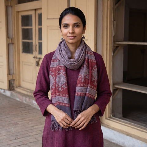 Grey Handwoven Merino Wool Natural Dyed Bagh Hand Block Print Stole, worn by a woman, AI visual of the stole, iTokri