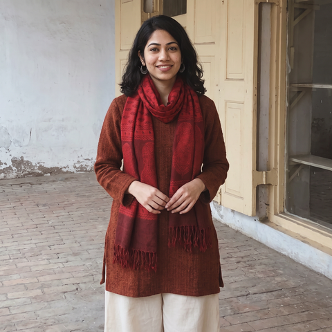 Red Handwoven Merino Wool Natural Dyed Bagh Hand Block Print Stole, worn by a woman, AI visual of the stole, iTokri