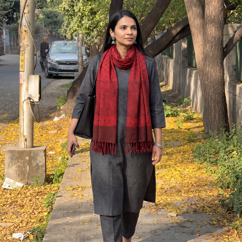 Red Handwoven Merino Wool Natural Dyed Bagh Hand Block Print Stole, worn by a woman, AI visual of the stole, iTokri