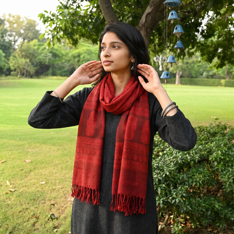 Red Handwoven Merino Wool Natural Dyed Bagh Hand Block Print Stole, worn by a woman, AI visual of the stole, iTokri