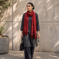 Red Handwoven Merino Wool Natural Dyed Bagh Hand Block Print Stole, worn by a woman, AI visual of the stole, iTokri