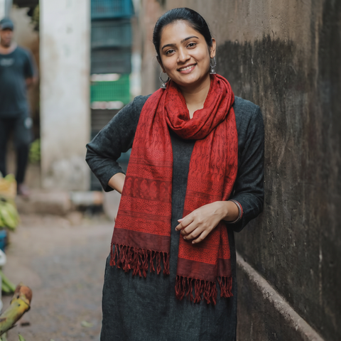 Red Handwoven Merino Wool Natural Dyed Bagh Hand Block Print Stole, worn by a woman, AI visual of the stole, iTokri