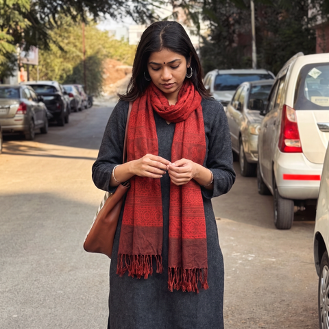 Red Handwoven Merino Wool Natural Dyed Bagh Hand Block Print Stole, worn by a woman, AI visual of the stole, iTokri