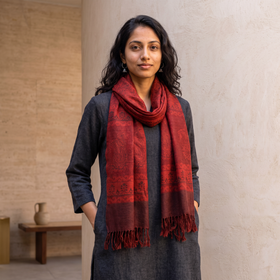 Red Handwoven Merino Wool Natural Dyed Bagh Hand Block Print Stole, worn by a woman, AI visual of the stole, iTokri