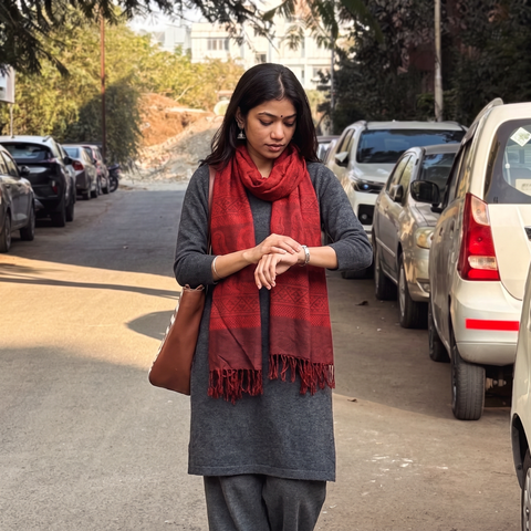 Red Handwoven Merino Wool Natural Dyed Bagh Hand Block Print Stole, worn by a woman, AI visual of the stole, iTokri