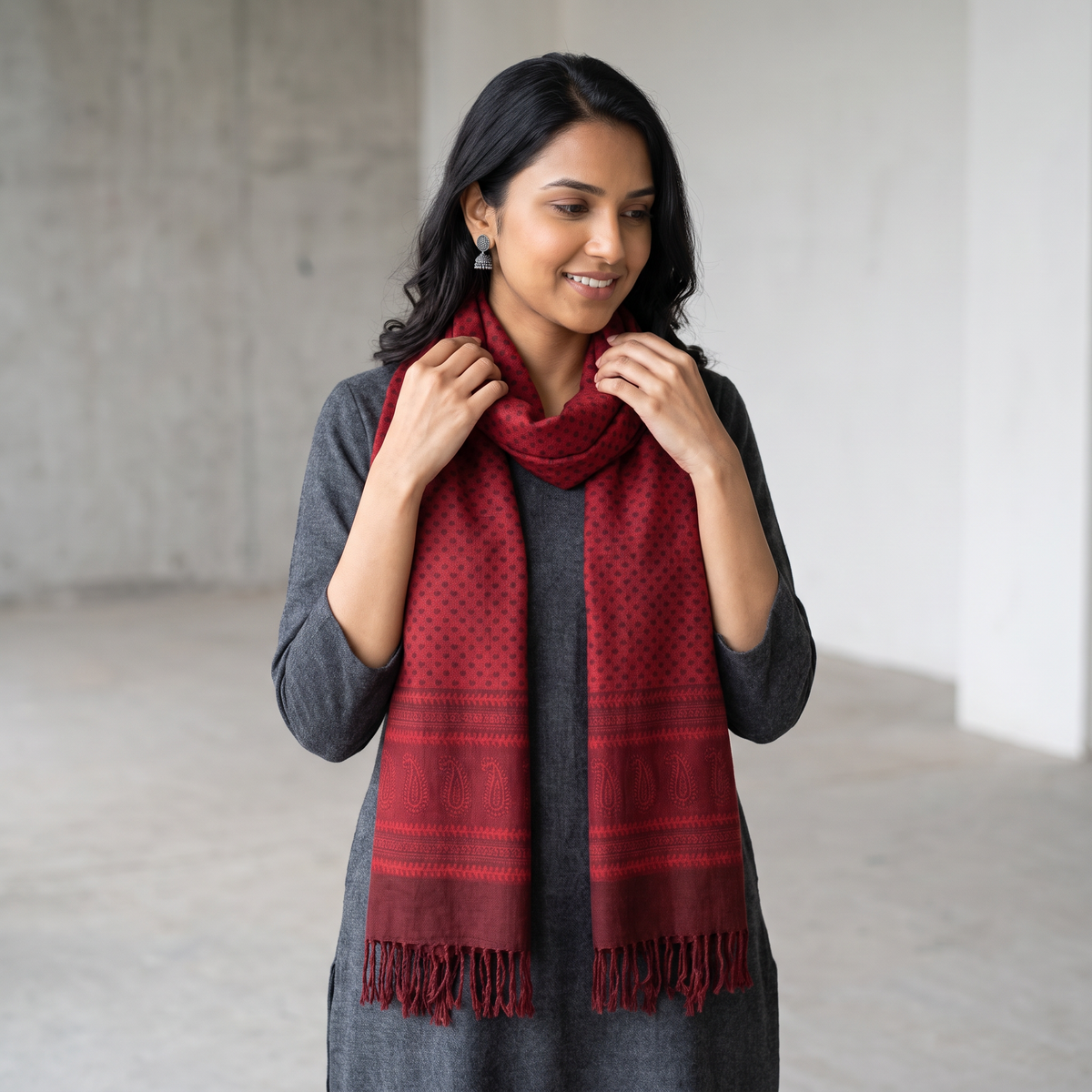 Red Handwoven Merino Wool Natural Dyed Bagh Hand Block Print Stole, worn by a woman, AI visual of the stole, iTokri