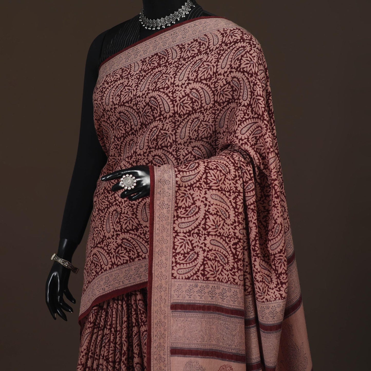 Handwoven merino wool natural dyed hand bagh saree 02