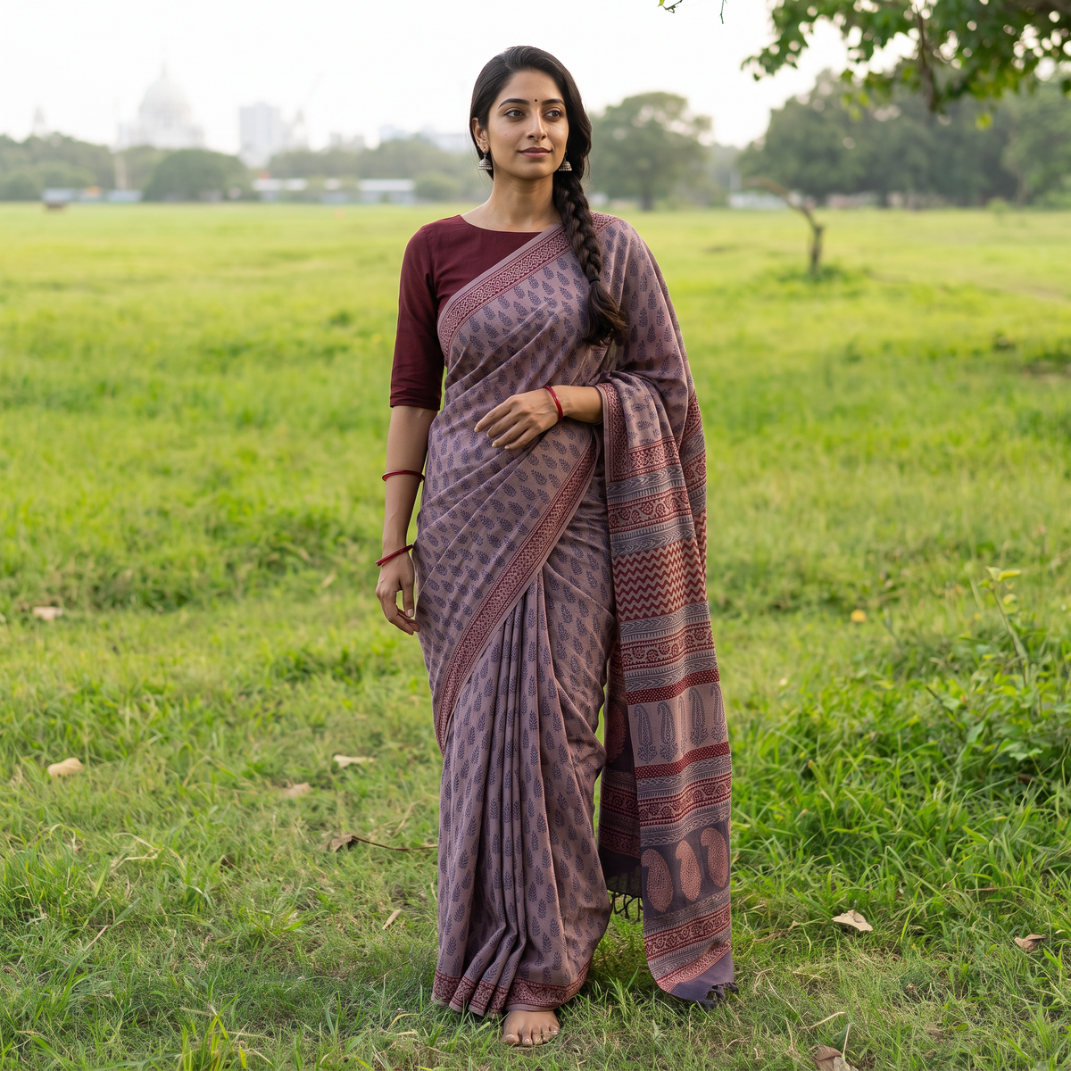 Purple Handwoven Merino Wool Natural Dyed Hand Block Bagh Print Saree, draped and worn by a woman, AI visual of the saree, iTokri