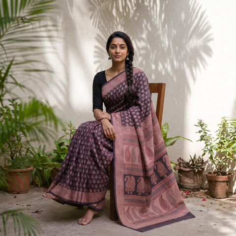 Black Handwoven Merino Wool Natural Dyed Hand Block Bagh Print Saree, draped and worn by a woman, AI visual of the saree, iTokri