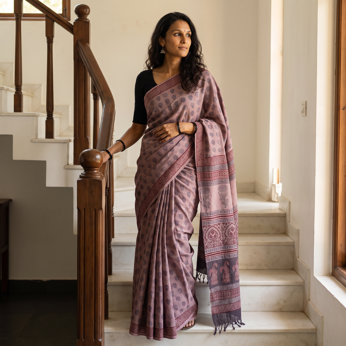 Pink Handwoven Merino Wool Natural Dyed Hand Block Bagh Print Saree, draped and worn by a woman, AI visual of the saree, iTokri