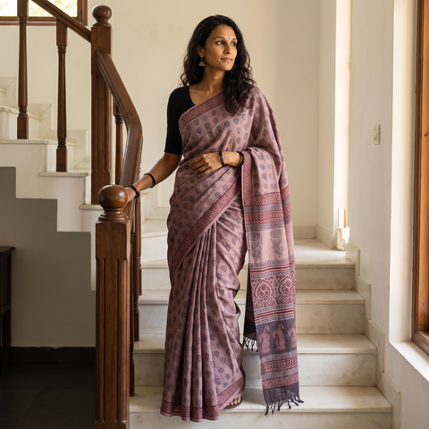 Pink Handwoven Merino Wool Natural Dyed Hand Block Bagh Print Saree, draped and worn by a woman, AI visual of the saree, iTokri