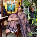 Brown Handwoven Merino Wool Natural Dyed Hand Block Bagh Print Saree, draped and worn by a woman, AI visual of the saree, iTokri
