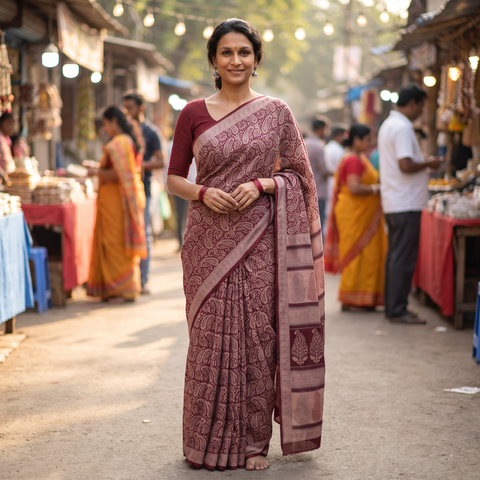 Maroon Handwoven Merino Wool Natural Dyed Hand Block Bagh Print Saree, draped and worn by a woman, AI visual of the saree, iTokri