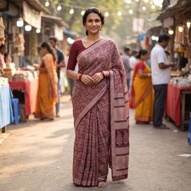 Maroon Handwoven Merino Wool Natural Dyed Hand Block Bagh Print Saree, draped and worn by a woman, AI visual of the saree, iTokri