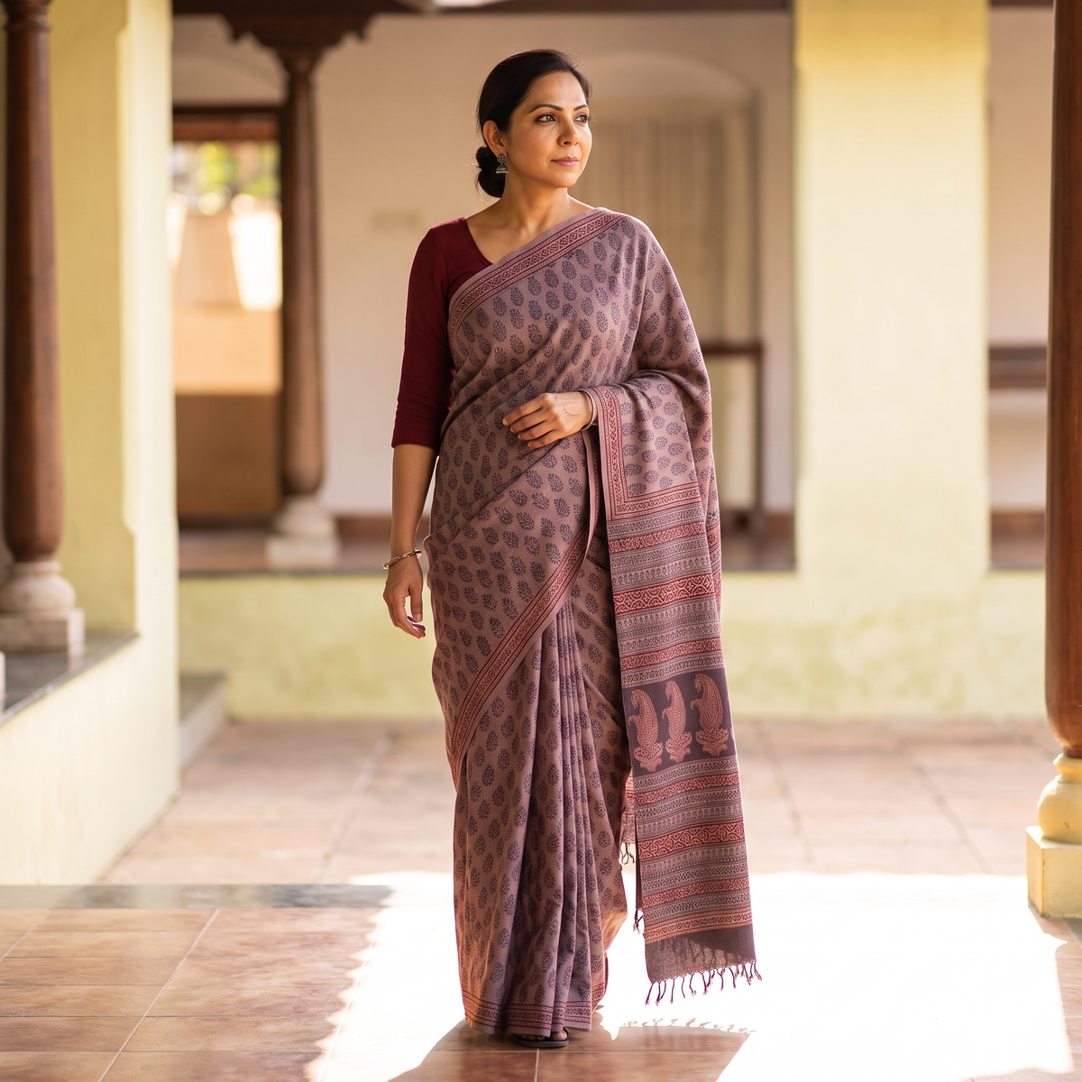 Purple Handwoven Merino Wool Natural Dyed Hand Block Bagh Print Saree, draped and worn by a woman, AI visual of the saree, iTokri