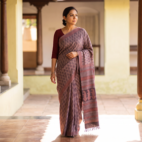 Purple Handwoven Merino Wool Natural Dyed Hand Block Bagh Print Saree, draped and worn by a woman, AI visual of the saree, iTokri