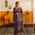 Purple Handwoven Merino Wool Natural Dyed Hand Block Bagh Print Saree, draped and worn by a woman, AI visual of the saree, iTokri