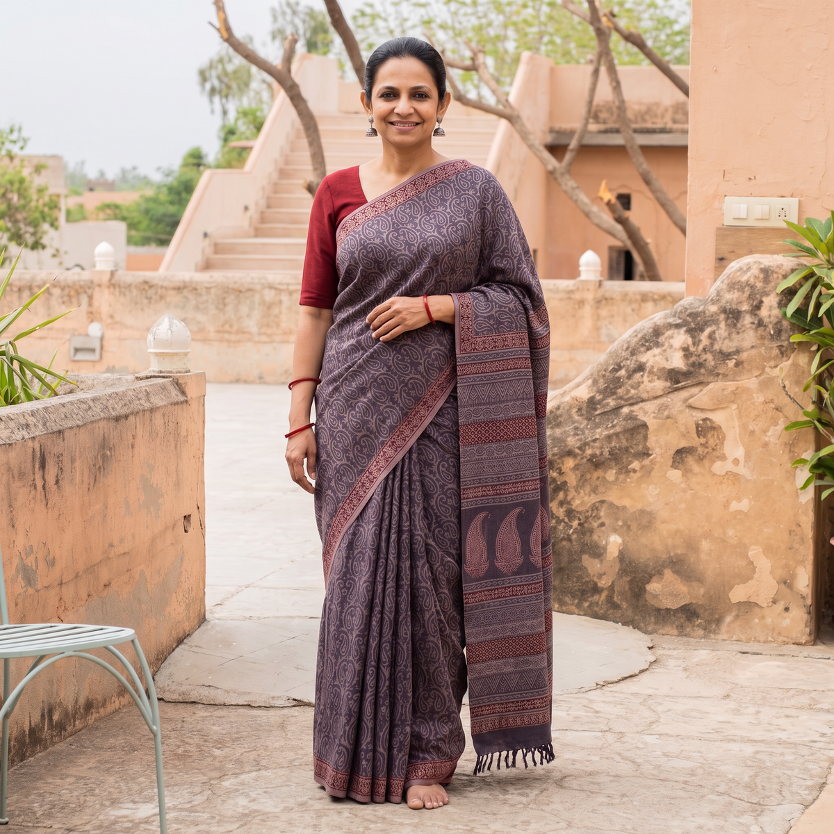Purple Handwoven Merino Wool Natural Dyed Hand Block Bagh Print Saree, draped and worn by a woman, AI visual of the saree, iTokri