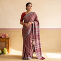 Maroon Handwoven Merino Wool Natural Dyed Hand Block Bagh Print Saree, draped and worn by a woman, AI visual of the saree, iTokri