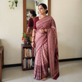 Maroon Handwoven Merino Wool Natural Dyed Hand Block Bagh Print Saree, draped and worn by a woman, AI visual of the saree, iTokri