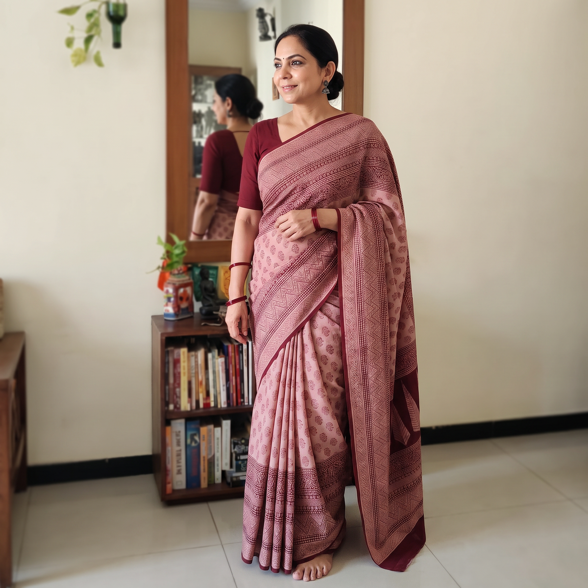 Maroon Handwoven Merino Wool Natural Dyed Hand Block Bagh Print Saree, draped and worn by a woman, AI visual of the saree, iTokri