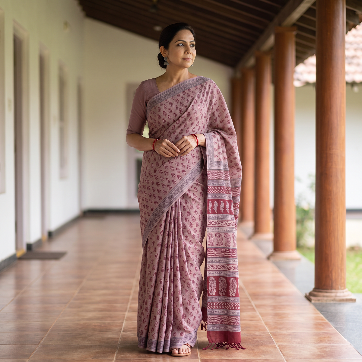 Pink Handwoven Merino Wool Natural Dyed Hand Block Bagh Print Saree, draped and worn by a woman, AI visual of the saree, iTokri