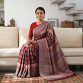 Maroon Handwoven Merino Wool Natural Dyed Hand Block Bagh Print Saree, draped and worn by a woman, AI visual of the saree, iTokri