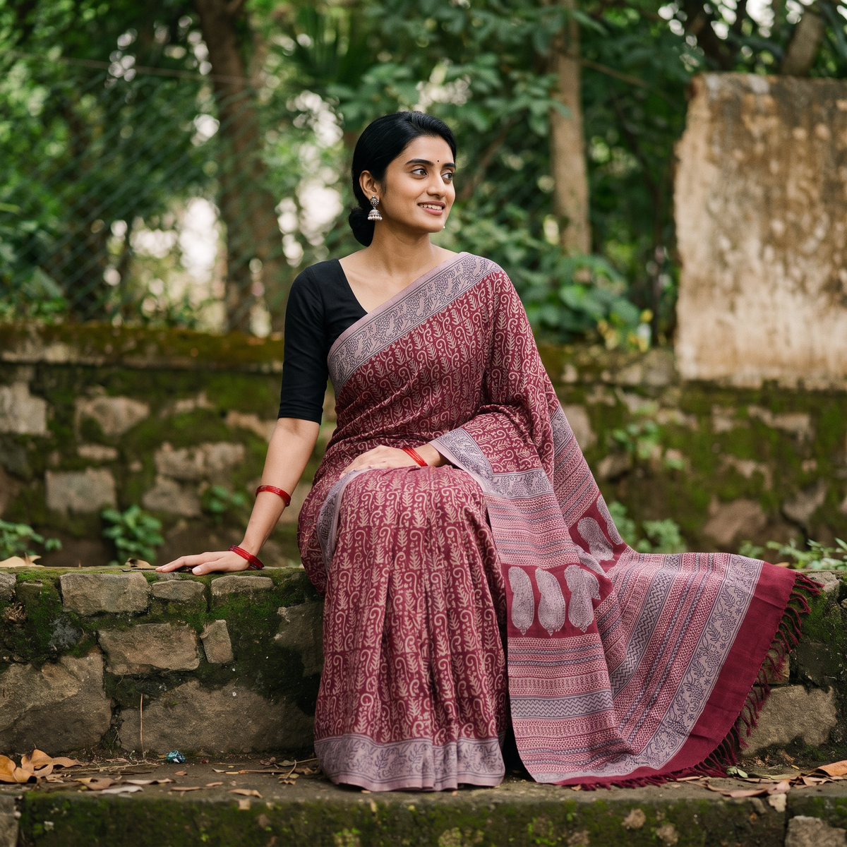 Maroon Handwoven Merino Wool Natural Dyed Hand Block Bagh Print Saree, draped and worn by a woman, AI visual of the saree, iTokri