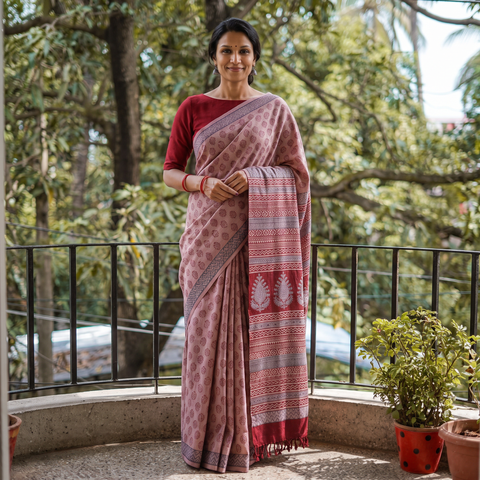 Pink Handwoven Merino Wool Natural Dyed Hand Block Bagh Print Saree, draped and worn by a woman, AI visual of the saree, iTokri