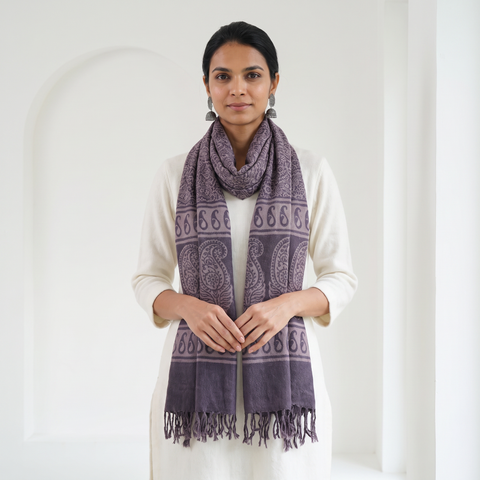 Grey Handwoven Merino Wool Natural Dyed Hand Block Bagh Print Stole, worn by a woman, AI visual of the stole, iTokri