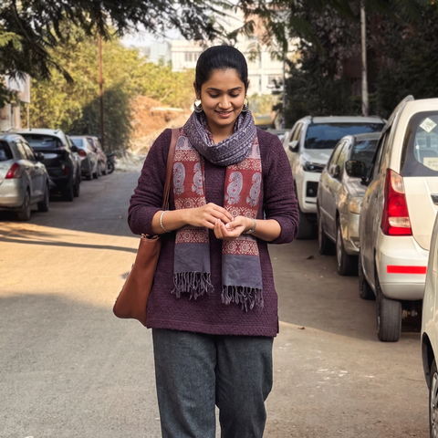 Grey and red Handwoven Merino Wool Natural Dyed Hand Block Bagh Print Stole, worn by a woman, AI visual of the stole, iTokri