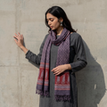 Grey and red Handwoven Merino Wool Natural Dyed Hand Block Bagh Print Stole, worn by a woman, AI visual of the stole, iTokri