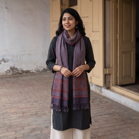 Grey and red Handwoven Merino Wool Natural Dyed Hand Block Bagh Print Stole, worn by a woman, AI visual of the stole, iTokri