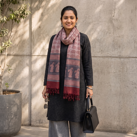 Grey and red Handwoven Merino Wool Natural Dyed Hand Block Bagh Print Stole, worn by a woman, AI visual of the stole, iTokri
